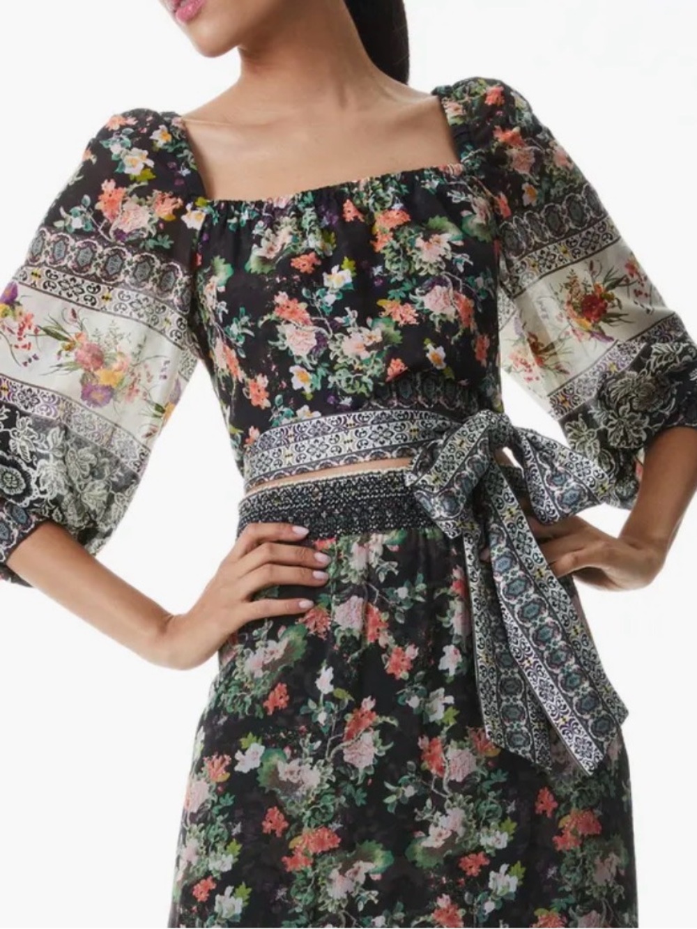 Alice + Olivia Clarabelle Black Floral Puff Sleeve Silk Cotton Blouse Size XS